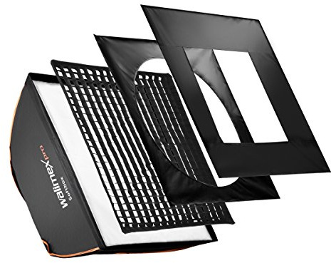 Walimex pro Softbox mit Gitter 60x60cm quadratisch I Inkl. 3cm Grid, Masken & Diffusor I Lichtformer 360° drehbar & hitzeresistent I Ideal für Produktfotografie I Fotolicht für Unterwegs & im Studio
