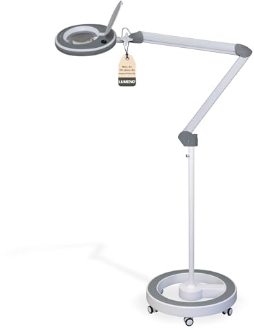 Lumeno 8215GR Lupa LED Lámpara de trabajo Lámpara cosmética, luminosidad regulable, lente de cristal de 127 mm, lupa de lectura, 5 dioptrías, con soporte rodante