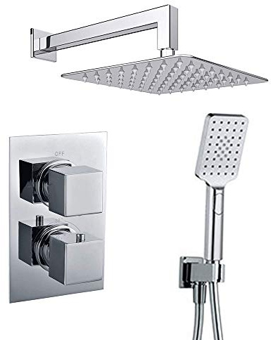Grifo termostático ducha para empotrar ABE salida pared. Incluye soporte con toma agua, flexo PVC plateado, brazo ducha y rociador extraplano. Ducha empotrable con acabado cuadrado en cromo brillo