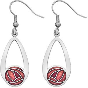 Rennie Mackintosh Inspired Round Rose, 25mm Teardrop Hook Earrings