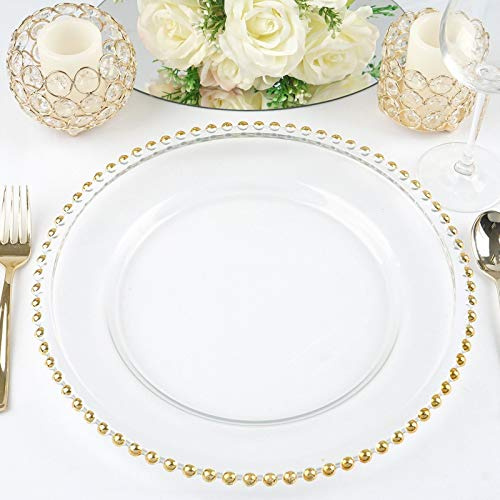 Elegant Design Glass Charger Plate Clear/Gold, Silver & Rose Gold Beaded Decorative Wedding Dinner (Gold)