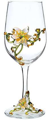 XUDREZ Painted Enamel Flower Lead-Free Wine Glasses,320ml/10.8 OZ Red/White Crystal Wine Glasses (Yellow Cup Lily)