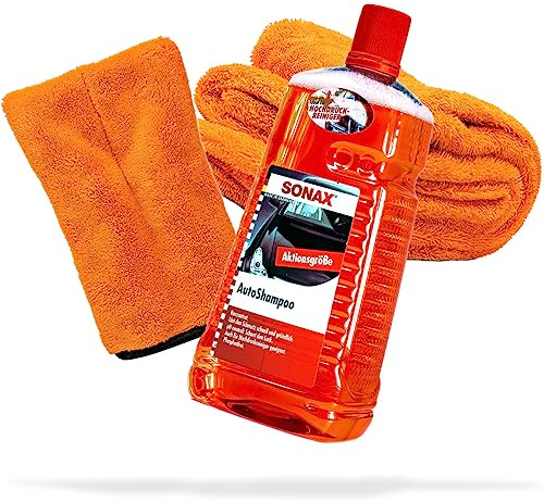 detailmate Auto Wasch- und Trockenset: SONAX Autoshampoo 2L + Mikrofaser Präzisionshandschuh Orange + Nuke Guys Gamma Dryer für die optimale Handwäsche