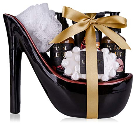 accentra Velvet Luxury Badeset, Geschenkset in wunderschönem Keramik-Pump schwarz-rot, 6-teiliges Luxus Beautyset für ein entspanntes SPA-Erlebnis