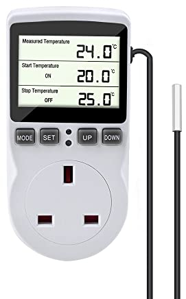 Gobesty Digital Temperature Controller, Thermostat Outlet Socket, 230 V Digital Thermostat Outlet Plug with Temp Sensor, Temperature Switch Heating Cooling Timer for Greenhouse Farm Aquarium Reptile
