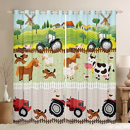 Loussiesd Kinder Karikatur Bauernhof Tiere Fenstervorhang 137x117cm Kleinkind Niedliche Traktoren Vorhänge für Jungen Kinder Bauernhaus Land Blickdichte Vorhänge Bunte Raumdekor Natur Thema