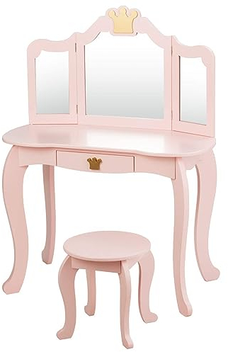 DREAMADE Schminktisch Kinder mit Hocker & Schublade, Kosmetiktisch mit klappbarem abnehmbarem Spiegel, Frisiertisch mit Kippsicherung, Make-Up Tisch Kinderschminktisch für Mädchen aus Holz (Rosa)