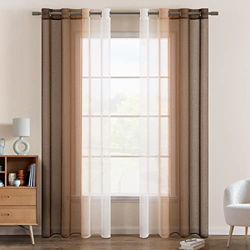 EMEMA Voile Vorhang Zweifarbiger Vorhang mit Ösen Transparente Gardine Ösenschal Fensterschal Lichtdurchlässig für Schlafzimmer 2er Set 140x215cm Weiß Hellkaffee