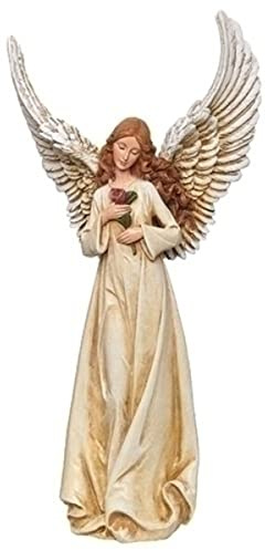 Weihnachts-Tischfigur, Engel mit Rose, 26,7 cm, Weiß und Braun