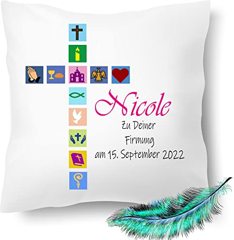 Print Deluxe Firmung Geschenk, bedrucktes Kissen personalisiert mit Namen und Datum | Kirchliche Symbole |Geschenk Idee,Dekokissen | Kuschelkissen 40X40 Bedruckt | Kissenbezug (mit Kissenfüllung)