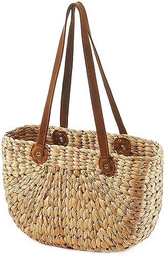 Kobolo Tasche Wasserhyazinthe, 43x16x26 cm, braune, geflochtene Henkeltasche mit robusten Kunstlederhenkeln, ideal als Einkaufstasche, Strandtasche oder modisches Accessoire für Alltag & Freizeit