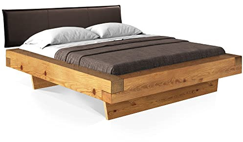 moebel-eins CURBY Balkenbett mit Polster-Kopfteil, Wangenfuß, Material Massivholz, 160 x 220 cm, Natur, Kunstleder Braun