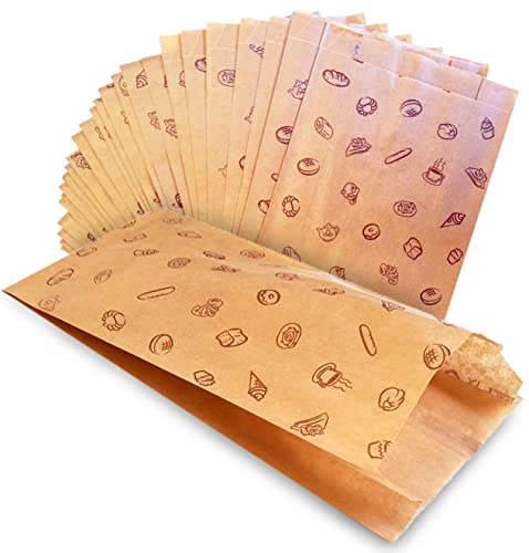 100 Bolsas papel kraft marrones. Sin asa y con dibujo impreso de panes bocadillo bolleria pan sandwich galletas fruta alimentos frutos secos merienda almuerzo (25x15cm 100uds)
