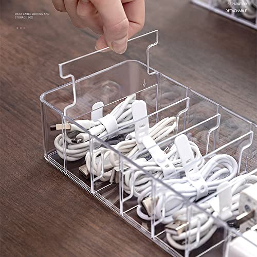 STARRY G Cable Tidy Box with Lid, 8 Grids Acrylic Cable Organizer Box, Storage Box for Charger, Power Strips and Cables, Transparent Cable Management Box - Free 12 Classified Stickers & 10 Cable Ties