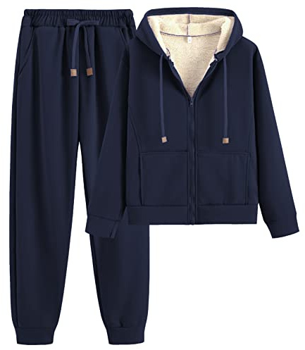 amropi Chándal de Mujer Chaqueta de Lana con Capucha y Pantalones Conjunto de Invierno 3XL,Marino