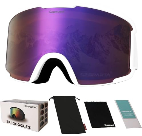 OUTDOORSPARTA Lunettes de sports de neige - lunettes de ski compatibles avec les casques pour hommes et femmes, protection 100% UV (5. Cadre blanc, plein Objectif miroir violet)