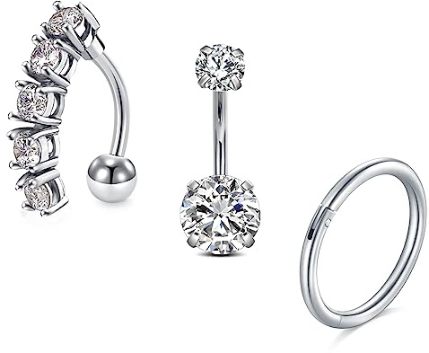 FECTAS 3pz Barra ombelicale 10mm Argento Clicker Anello ombelicale Acciaio inossidabile 14G 3pz Piercing al ventre Gioielli da donna