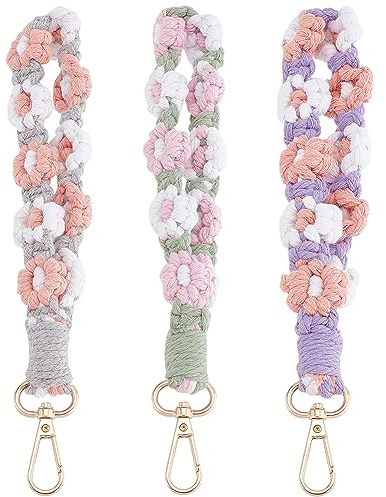 WEBEEDY 3 Stück Makramee Boho Schlüsselanhänger Armband Makramee Blumen Schlüsselanhänger Gänseblümchen Makramee Schlüsselanhänger Handgefertigter Armband Schlüsselanhänger