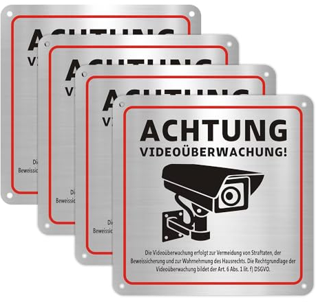 4 Stück Schild Videoüberwachung, 15x15cm Achtung Videoüberwachung Schild Kamera Überwachung Schild mit Selbstklebend und 4 Bohrlöcher für Innen und Außen