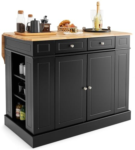 TANGZON Large Kitchen Island with Rubber Wood Drop Leaf Worktop (Black) | Kitchen Sideboard Cabinet with Drawers, Adjustable Shelves & Side Racks, Kitchen Cupboard for Dining Living Room