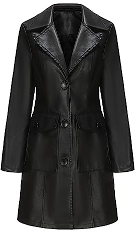 TOKYMOON Lederjacke Damen Lang Elegant Trenchcoat Damen Ledermantel Reverskragen Reißverschluss Einfarbige Kunstleder Übergangsjacke Langarm PU Leder Jacke Windjacke Lederjacke