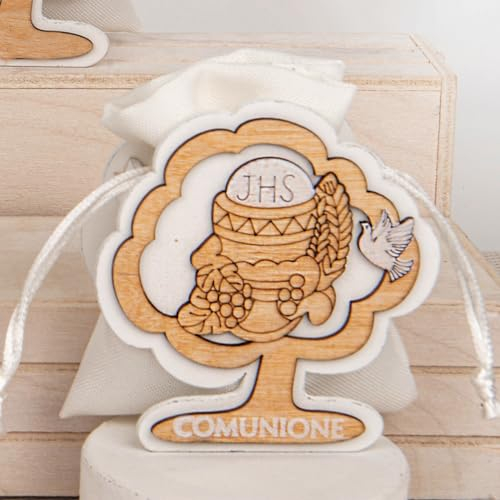 Doni Bomboniere Communion Lot de 6 boîtes à dragées en forme d'arbres avec symboles (calice ostie épis et colombe) pour enfant fille, homme, idées, cadeaux complets originaux bon marché
