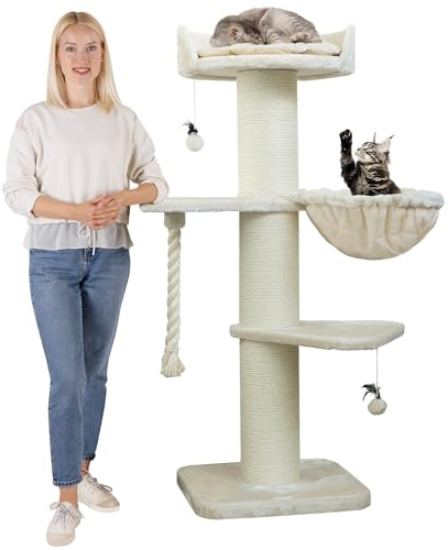 HAPPYPET Premium Kratzbaum Grosse Katzen Stabil 'Cooper' – 150 cm Großer Katzenbaum, Kletterbaum für Maine Coon, Natursisal, 20 cm Dicke Stämme - Creme