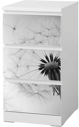 Möbelfolie Pusteblume Weiss passend für Ikea Malm Kommode S 3 Schubladen | Selbstklebende Schrankfolie für glatte Schubladenfronten Klebefolie Kinderzimmer Schlafzimmer DIY Upcycling S 3 Schubladen