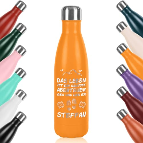 polar-effekt Edelstahl Trinkflasche 500 ml in Gelb mit personalisierte Gravur - Wasserflasche für Kinder und Erwachsene - Flasche für Arbeit, Schule und Sport
