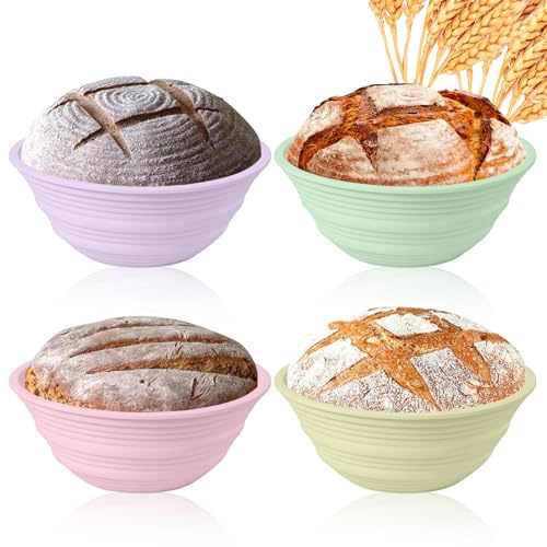 Ycgcp 4Pcs Silicone Banneton Bread Proofing Baskets, 9 Collapsible Sourdough Bread Baking Supplies Non-Stick Round Dough Proofing Bowl Containers Oven Safe for Various Tastes Bread Making-BPA Free
