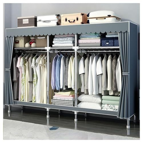 Großer Kleiderschrank mit Stoffbezug, tragbarer Kleiderschrank, 23 mm Stahlrohr, Metallrahmen, Kleiderständer mit Stangen und Regalen für Schlafzimmer (Farbe: Grau A, Größe: 205 x 46 x 176 c