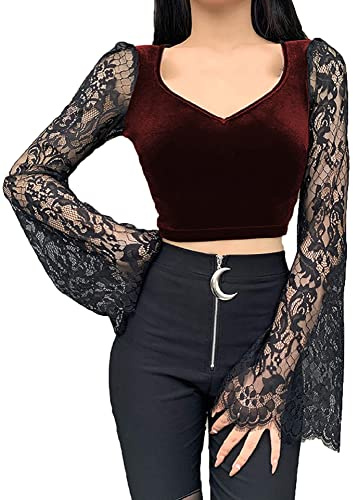 XKBHYD Women Gothic Velvet Crop Tops Y2K Long Sleeve Emo Alt Shirt Mall Goth V Neck Grunge Punk Harajuku T Shirt