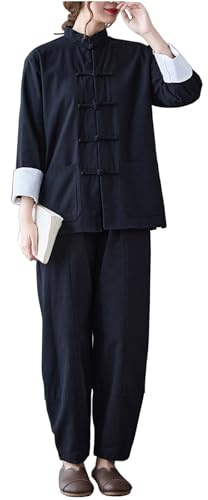 DAYKET Uniforme Tradizionale Tai Chi per Abbigliamento da Donna In Cotone a Maniche Lunghe per Set di Arti Marziali Kung Fu,Black-XXL
