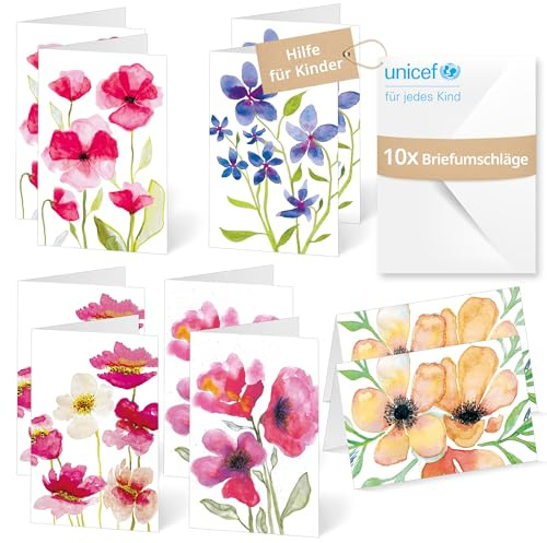 Unicef Grußkarten Aquarellblumen | 10 Klappkarten mit Umschlägen | Helfen Sie Kindern in Not: FSC-Papier, 10 Karten mit Umschlägen (17,5 x 11,7 cm) – Blumenkarte