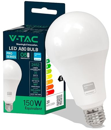 V-TAC Lampadina LED A80 con Attacco E27 20W (Equivalenti a 150W) - 2452 Lumen - Lampadine LED con Massima Efficienza e Risparmio Energetico - Luce Bianca Calda 3000K