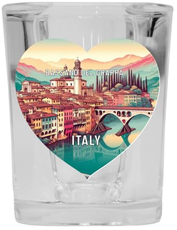 R and R Imports Bassano del Grappa Italy Travel Souvenir Destination Heart Shape 2 Ounce Shot Glass Square 4-Pack