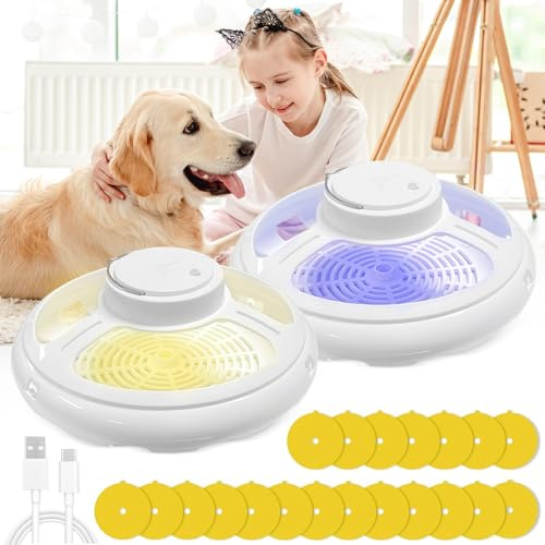 Hengrongshen 2 Stück LED Flohfalle, Aufhängbar Ungiftige Flohfanglampe mit 3 Modi und 20 Fangaufklebern für Wohnung und Außenbereich, Geeignet für Kinder und Haustiere zu Hause