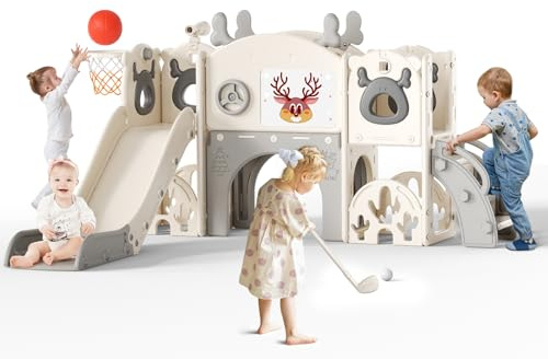Krovtoy Kleinkinderrutsche, Kinderrutsche mit Basketballkorb, Aufbewahrungsbox und Kleinkinderklettergerüst, freistehende Rutsche für drinnen und draußen (Beigegrau-7-in-1)