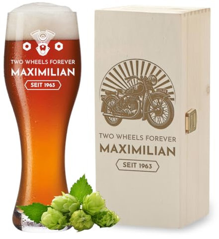 polar-effekt Bicchiere da birra bianco da 0,5 litri e scatola di legno con incisione personalizzata, idea regalo per compleanno, bicchiere da birra con nome per grano e magazzino, senza BPA