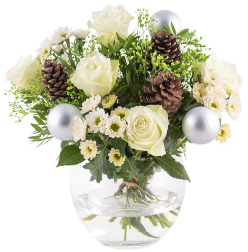 Weihnachtsstrauß Weiße Weihnacht, Festlicher Blumenstrauß mit Weihnachtskugeln, Blumen versenden, handgebunden, 7-Tage-Frische-Garantie, Rosen, Chrysanthemen, Schleierkraut, Blumenversand