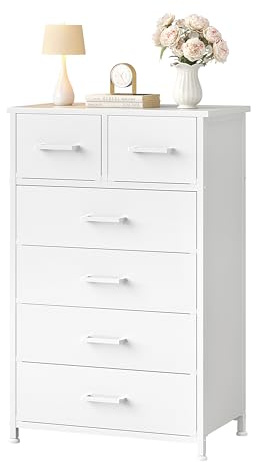 Flrrtenv Wooden Chest of Drawers 60cm Wide, 6 Drawer Tall Dresser for Bedroom Clothing Storage, Entryway Storage Cabinet for Hallway, Living Room Organiser with Anti-Tip Design, White