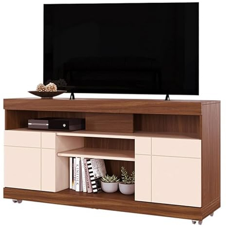 Meuble TV 47 Pouces Noyer et Blanc 2 Portes 5 Niches roulettes L 136 H 69.8 P 37.4 cm