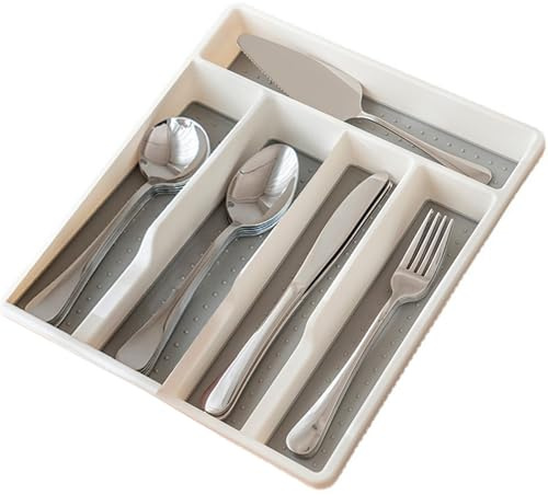 Porta Posate Cucina Cassetto,Organizer Cassetti Scatola Porta Posate,Vassoio Portaposate Scatole Stoccaggio Divisori Contenitori in Plastica, Cucina Portaposate antiscivolo con 5 Scomparti 32x28.5x5