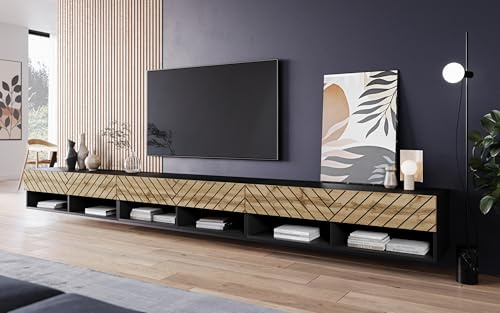 PIASKI Meuble TV 300 cm LOWBOARD A, sans éclairage LED, grand meuble TV, plusieurs couleurs (noir/chevron)