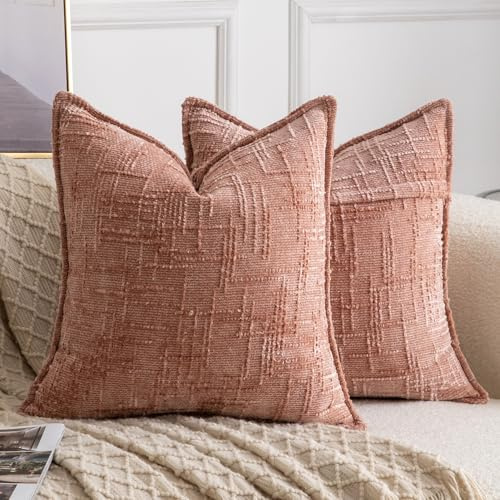 Madizz Juego de 2 Fundas de Cojín Decorativas en Chenille Neutras Fundas de Almohada Boho para Sofá Cama y Sala Decoración Moderna para el Hogar Rosa Cuadrado 40 x 40 cm