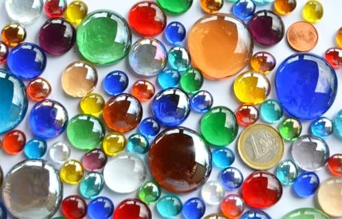 Bazare Masud 280g. Glasnuggets Buntmix in 3 versch. Größen 10-36 mm Muggelsteine lichtdurchlässig, teilweise irisierend ca.85St.