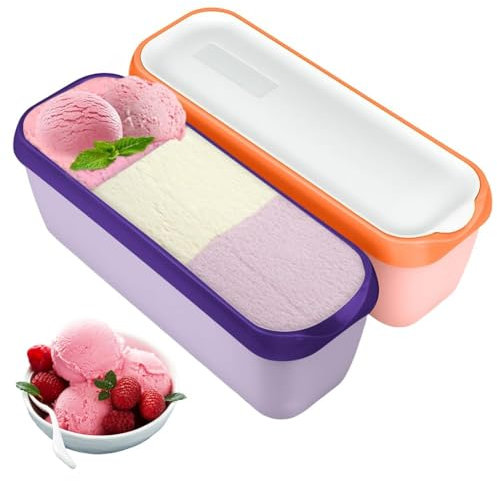 Fouvin Lot de 2 bacs à glace pour crème glacée faite maison - 1,5 l - Avec couvercle - Sans BPA - Qualité alimentaire - Orange + violet