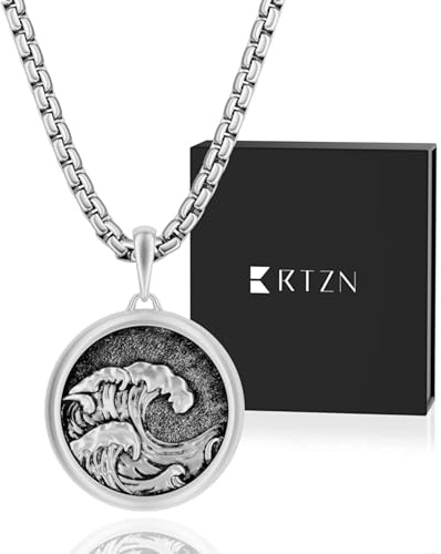 RTZN® Ocean Wave Necklace Pendant for Men – Premium Ocean Necklace with 22 Box Chain – 316L Stainless Steel Waterproof & Non-Tarnish Surfer Necklaces for Men & Women