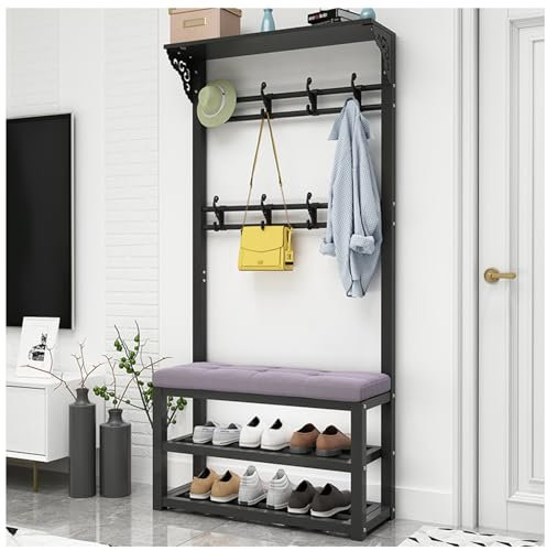 Meuble Chaussure Entrée avec Banc et Porte Manteau, Portemanteau, Porte-Manteau Multifonctionnel avec Étagère à Chaussures à 2 Niveaux pour Couloir, Salon F,80CM