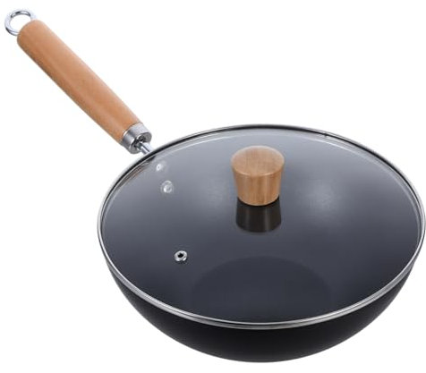 HEALLILY Padella in ferro con coperchio profondo antiaderente Wok design ergonomico manico in legno per cucina cucina comoda conservazione